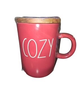 Rae Dunn NEW Maroon & White COZY Large Ceramic Coffee Mug W/ Wooden Coaster Lid